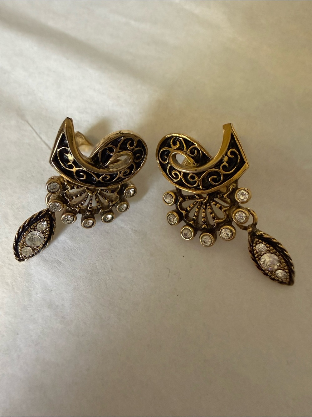 Gold-Tone Black Enamel & Crystal Dangle Earrings
